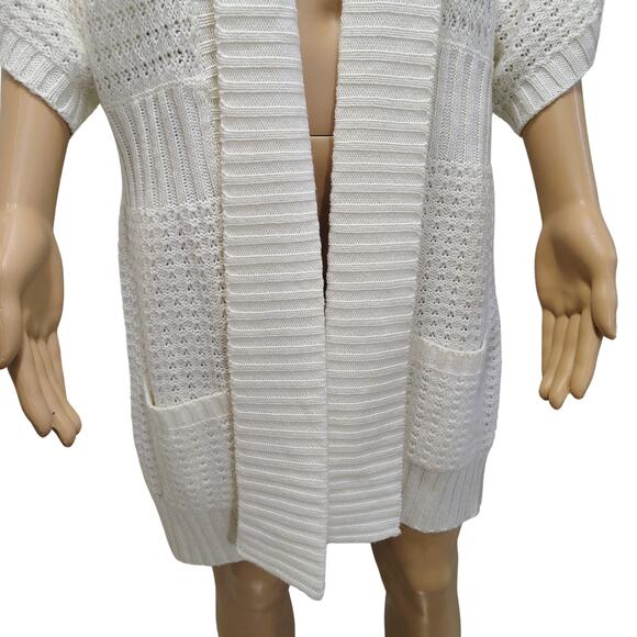 1990s Knit Wool Cardigan Cream Long Boho Open Front Short Sleeve Sweater Size L - Picture 3 of 10